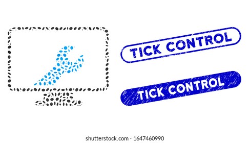 Collage desktop options and rubber stamp seals with Tick Control text. Mosaic vector desktop options is created with randomized oval pieces. Tick Control stamp seals use blue color,