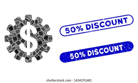 Collage development cost and corroded stamp seals with 50% Discount text. Mosaic vector development cost is designed with scattered rectangle items. 50% Discount stamp seals use blue color,