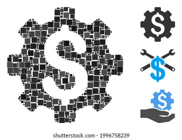 Collage Development cost icon composed of square items in variable sizes and color hues. Vector square items are grouped into abstract collage development cost icon. Bonus pictograms are added.