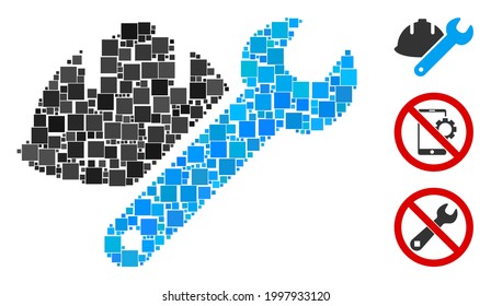 Collage Development icon constructed from square items in random sizes and color hues. Vector square items are composed into abstract collage development icon. Bonus pictograms are added.