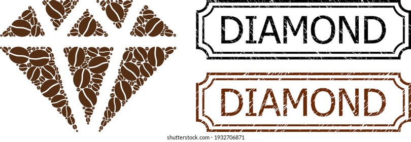 Collage diamond organized from coffee beans, and grunge Diamond rectangle seals with notches. Vector coffee icons are organized into abstract illustration diamond icon with brown color.