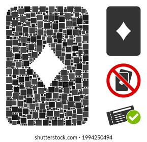 Collage Diamonds playing card icon composed of square items in different sizes and color hues. Vector square items are composed into abstract collage diamonds playing card icon.