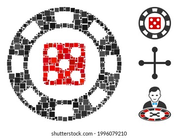 Collage Dice casino chip icon united from square elements in different sizes and color hues. Vector square elements are organized into abstract mosaic dice casino chip icon. Bonus icons are added.