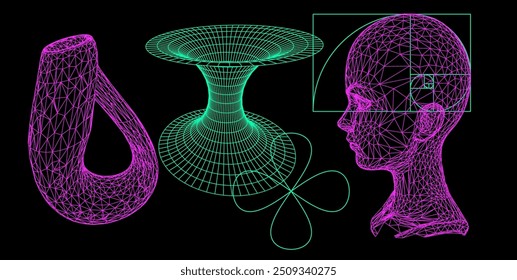 Collage of different 3D figures and shapes made of wireframes representing future artificial technologies.