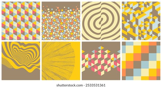 A collage of different backgrounds with circles of different sizes. Mosaic. Blocks structure or wall of cubes. Psychedelic stripes. Tunnel. 
Honeycomb pattern. Cover design template. Vector.