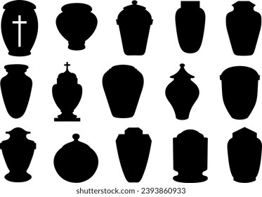 Collage of different funeral cremation urns isolated on white