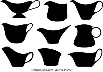 Collage of different gravy sauce boats isolated on white