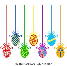Collage of different hanging Easter egg decorations isolated on white