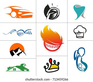 Collage of different icons, mother and child love, cricket, bakery, crown, chef hat, spartan, mountain,automobile, dentist, vector illustration