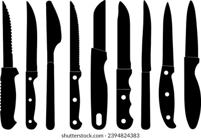 Collage of different kitchen knife illustrations isolated on white