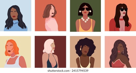 Collage de diferentes mujeres bellas dibujadas sobre el fondo del color