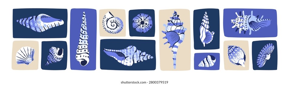 Collage of different seashells. Set of tropical sea shells. Frames with blue cockleshells and scallops. Various conches of mollusks and clams. Flat isolated vector illustrations on white background