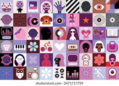 A collage of different vector design elements and people avatars, each placed in a square shape and is on a separate layer.