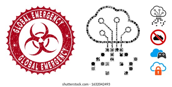 Collage digital cloud icon and distressed stamp seal with Global Emergency caption and biohazard symbol. Mosaic vector is formed with digital cloud icon and with scattered round spots.