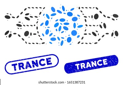 Collage digital cog and distressed stamp watermarks with Trance text. Mosaic vector digital cog is composed with scattered ellipse dots. Trance stamp seals use blue color,