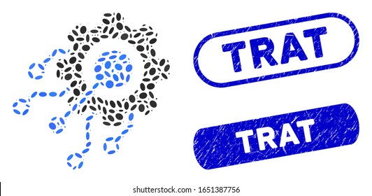 Sammle digitale Integrationsausrüstung und grunge Stempeldichtungen mit Trat Caption. Die digitale Integrationsausrüstung der Mosaik Vektorillustration besteht aus randomisierten Ellipse-Elementen. Traffic-Stempelsiegel verwenden blaue Farbe;