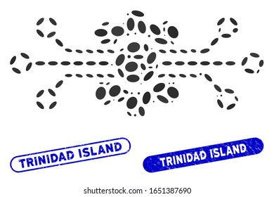 Collage digital tech and rubber stamp seals with Trinidad Island text. Mosaic vector digital tech is composed with scattered elliptic items. Trinidad Island stamp seals use blue color,