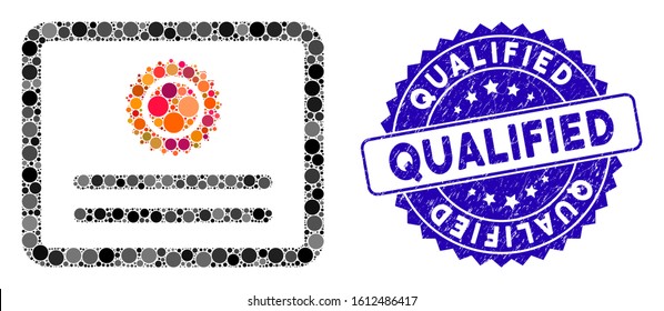 Collage diploma icon and grunge stamp watermark with Qualified phrase. Mosaic vector is designed with diploma icon and with random round elements. Qualified stamp seal uses blue color,