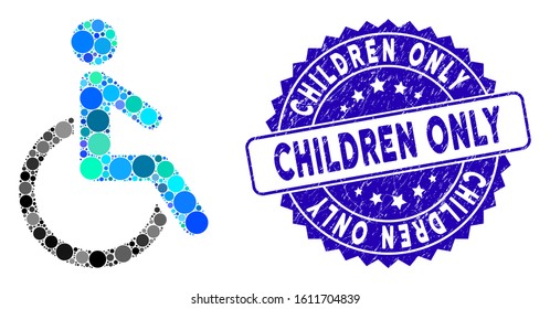 Collage disabled person icon and rubber stamp seal with Children Only caption. Mosaic vector is formed with disabled person pictogram and with randomized spheric items.