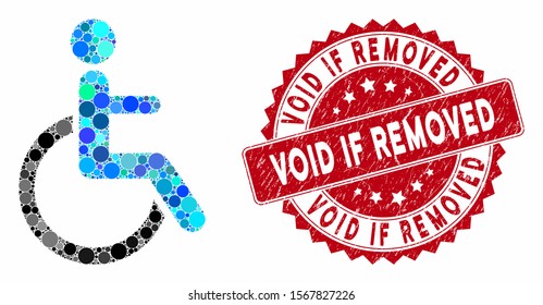 Collage disabled person and rubber stamp watermark with Void If Removed text. Mosaic vector is designed with disabled person icon and with randomized round items. Void If Removed stamp uses red color,