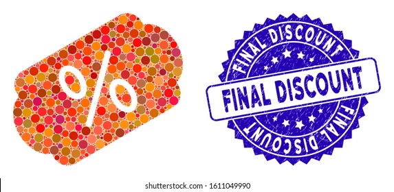 Collage discount label icon and rubber stamp seal with Final Discount phrase. Mosaic vector is formed from discount label icon and with random spheric items. Final Discount stamp seal uses blue color,