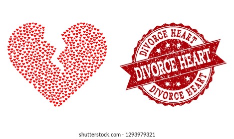 Collage divorce heart designed with red love hearts, and isolated rubber watermark. Composition for Valentines Day. Divorce heart concept constructed with small randomized amour heart items.