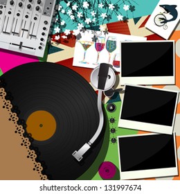 Collage with DJ and party elements - mixer console and DJ turntable, vector