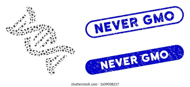 Collage DNA and rubber stamp seals with Never GMO phrase. Mosaic vector DNA is formed with scattered ellipse spots. Never GMO stamp seals use blue color, and have round rectangle shape.