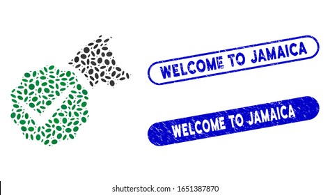 Collage for dogs only and grunge stamp seals with Welcome to Jamaica caption. Mosaic vector for dogs only is formed with scattered oval elements. Welcome to Jamaica stamp seals use blue color,
