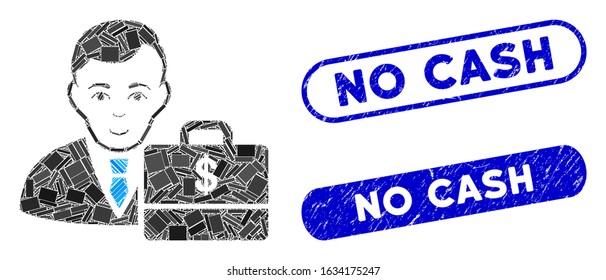 Collage dollar accounter and distressed stamp seals with No Cash caption. Mosaic vector dollar accounter is composed with random rectangle items. No Cash stamp seals use blue color,