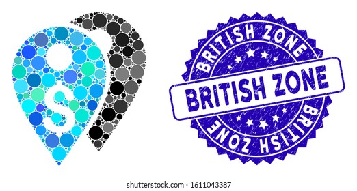 Collage dollar bank marks icon and grunge stamp seal with British Zone phrase. Mosaic vector is created from dollar bank marks icon and with scattered spheric items.