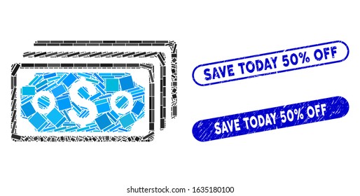Collage dollar banknotes and grunge stamp seals with Save Today 50% Off phrase. Mosaic vector dollar banknotes is composed with random rectangle items. Save Today 50% Off stamp seals use blue color,