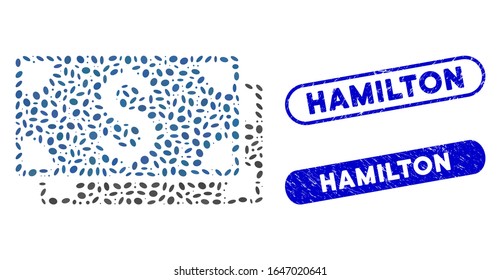 Collage dollar banknotes and grunge stamp seals with Hamilton phrase. Mosaic vector dollar banknotes is composed with randomized ellipse items. Hamilton stamp seals use blue color,