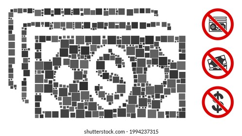 Collage Icono de billetes en dólares organizado a partir de elementos cuadrados en tamaños variables y tonos de color. Los elementos cuadrados vectores se componen en un icono abstracto de billetes en dólares de colección.