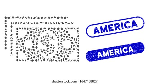 Collage de billetes en dólares y sellos de goma con texto en Estados Unidos. Los billetes en dólares vectoriales mosaicos están diseñados con puntos elípticos aleatorios. Las sellas de sello de Estados Unidos utilizan color azul,