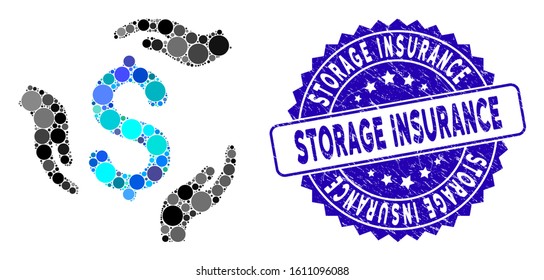Collage dollar care hands icon and distressed stamp seal with Storage Insurance text. Mosaic vector is formed with dollar care hands icon and with scattered spheric spots.