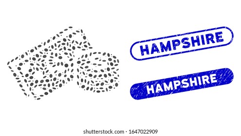 Collage de dinero en efectivo y sellos corroídos con la frase Hampshire. El dinero en efectivo vectorial mosaico se crea con artículos elípticos aleatorios. Los sellos de sello de Hampshire tienen color azul,