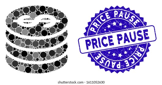 Collage dollar coin column icon and rubber stamp seal with Price Pause phrase. Mosaic vector is formed with dollar coin column icon and with randomized circle items. Price Pause stamp uses blue color,