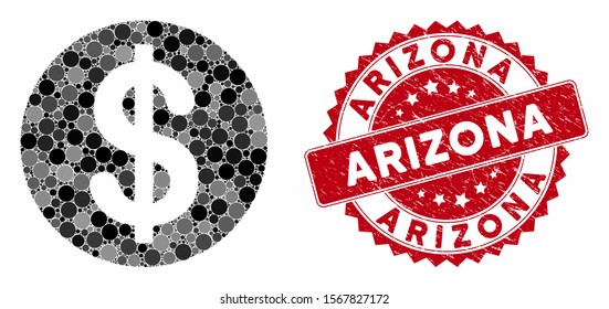 Collage dollar coin and grunge stamp seal with Arizona caption. Mosaic vector is designed with dollar coin icon and with scattered round elements. Arizona seal uses red color, and grunge design.