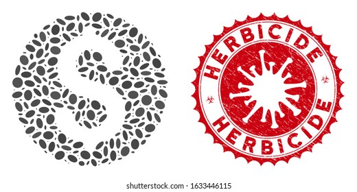 Collage dollar coin icon and red rounded rubber stamp seal with Herbicide text and coronavirus symbol. Mosaic vector is created with dollar coin pictogram and with randomized ellipse spots.