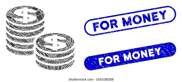 Collage dollar coin stacks and rubber stamp seals with For Money text. Mosaic vector dollar coin stacks is created with scattered rectangle items. For Money stamp seals use blue color,