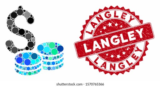 Collage dollar coins and rubber stamp seal with Langley caption. Mosaic vector is composed with dollar coins icon and with randomized circle items. Langley stamp seal uses red color,
