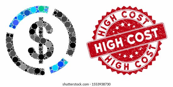 Collage dollar diagram and rubber stamp seal with High Cost caption. Mosaic vector is designed from dollar diagram icon and with scattered round items. High Cost stamp seal uses red color,