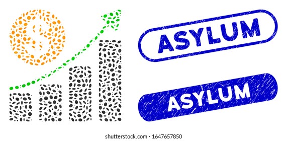 Gráfica de crecimiento en dólares de collage y sellos de sellos corroídos con la leyenda Asilo. El gráfico de crecimiento del dólar vector mosaico está compuesto por piezas elipses aleatorias. Los sellos de sello de asilo utilizan color azul,