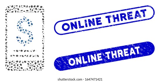 Collage dollar mobile payment and distressed stamp seals with Online Threat caption. Mosaic vector dollar mobile payment is formed with random oval dots. Online Threat stamp seals use blue color,