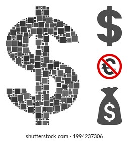 Icono de símbolo del dólar de colección compuesto de elementos cuadrados en tamaños variables y tonos de color. Los elementos cuadrados vectoriales se componen en la ilustración abstracta icono de símbolo dólar. Se colocan pictogramas bonificados.