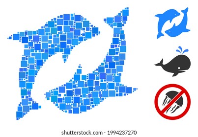 Collage Dolphins icon organized from square elements in various sizes and color hues. Vector square elements are grouped into abstract collage dolphins icon. Bonus icons are placed.