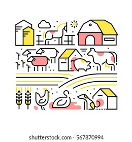 Collage With Domestic Or Farm Animals And Pets. Farming And Agriculture Concept. Modern Thin Line Art Icons. Linear Style Illustrations Isolated On White.