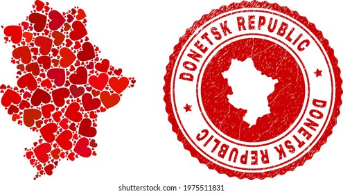 Collage Donetsk Republic map composed from red love hearts, and rubber seal. Vector lovely round red rubber badge imitation with Donetsk Republic map inside.