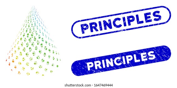 Collage dotted abstract cone and rubber stamp seals with Principles text. Mosaic vector dotted abstract cone is created with scattered elliptic parts. Principles stamp seals use blue color,